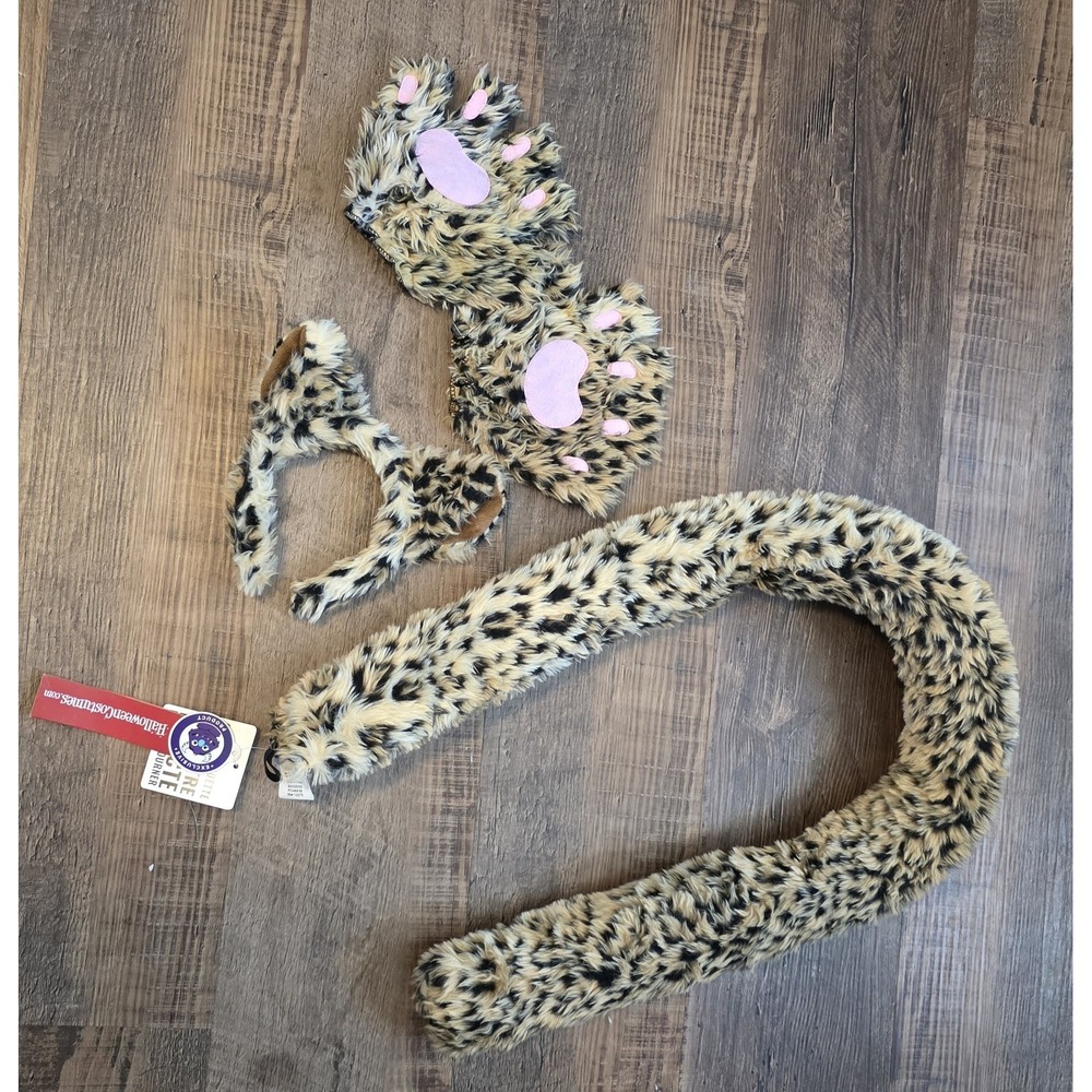 Deluxe Leopard Cheetah Costume Kit Adult Ears Tail Paw Gloves Fun Costumes